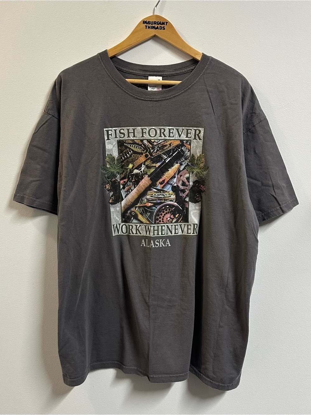 Vintage Alaska Fishing Tee  'FISH FOREVER' and 'WORK WHENEVER ALASKA'
Size: 2XL